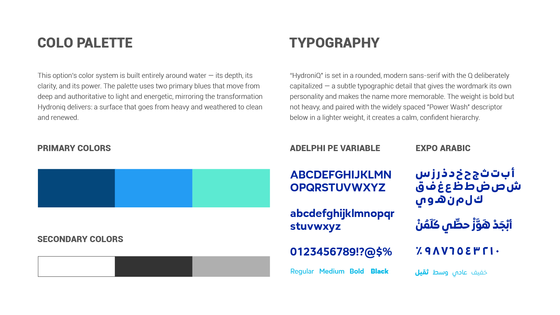 HydroniQ colour palette and typography