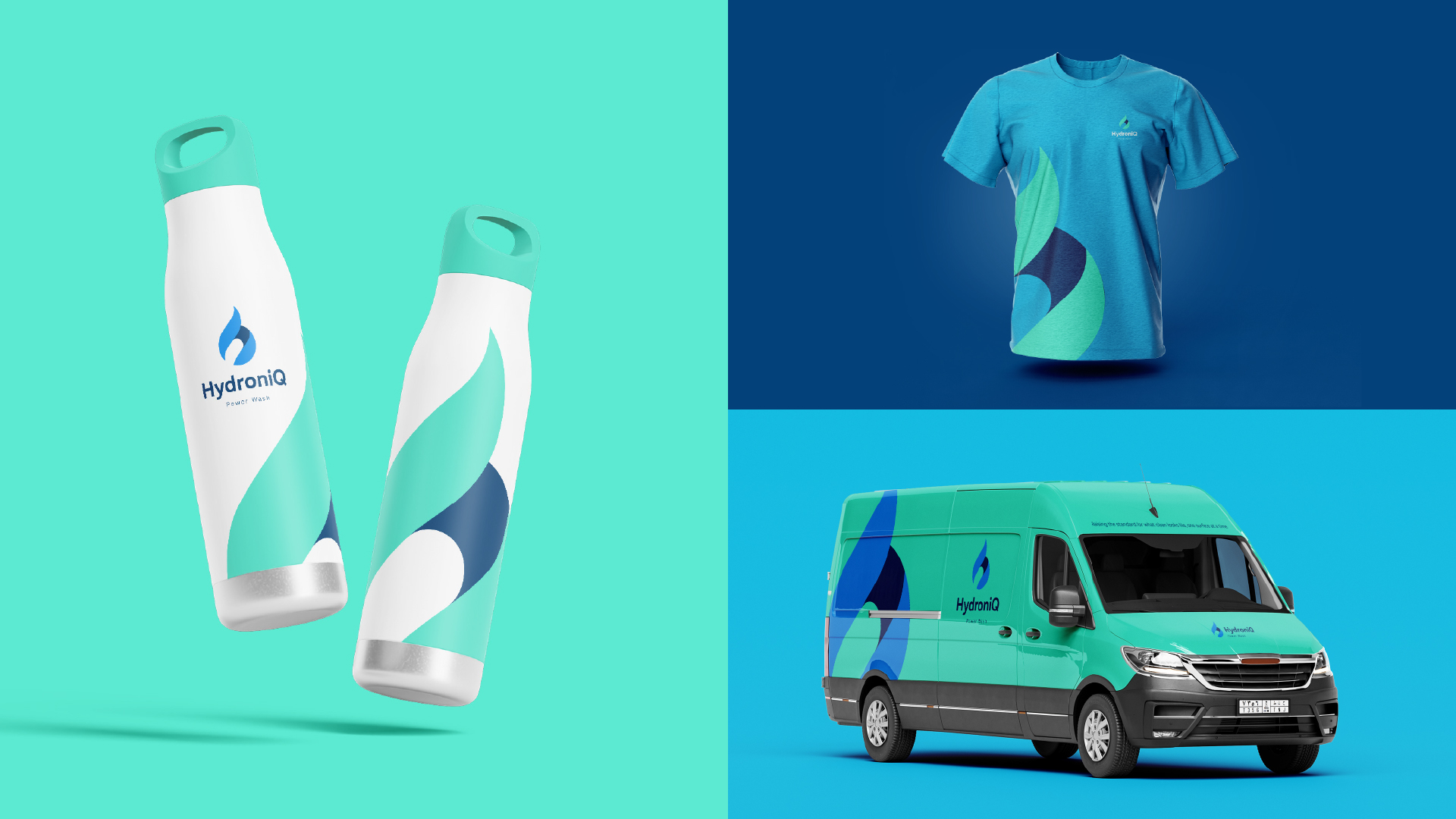 HydroniQ brand applications — bottles, apparel, vehicle wrap